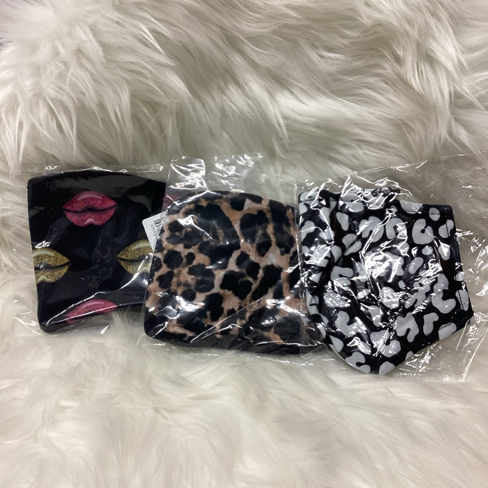 Cotton Face Masks W/ Ear Loops, 3pk, Black & White and Black & Tan Leopard, Lips